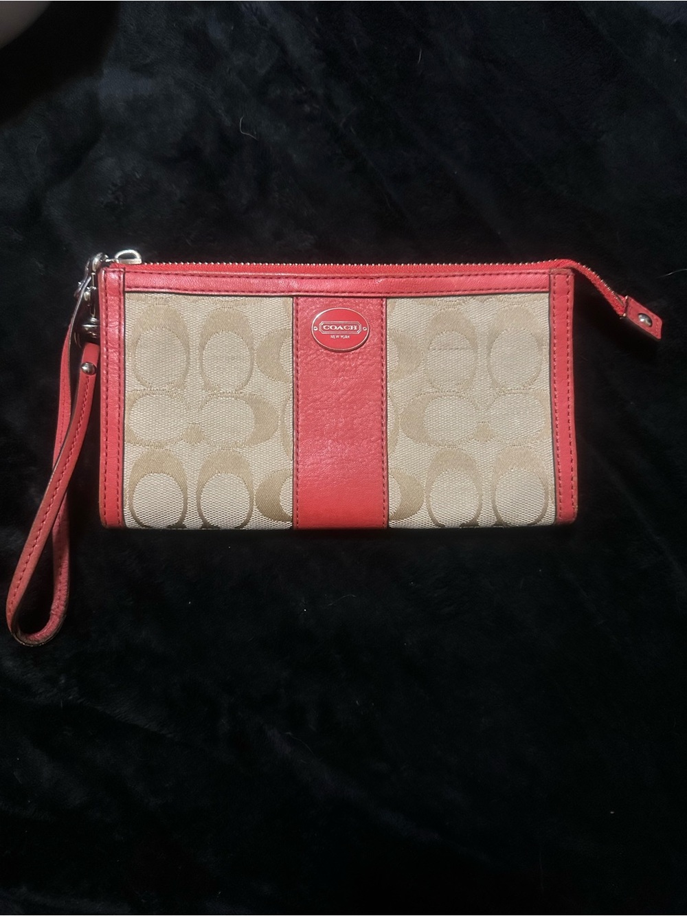 Coach Signature Canvas Wristlet in Tan and Coral Leather Easy Peasy Piece